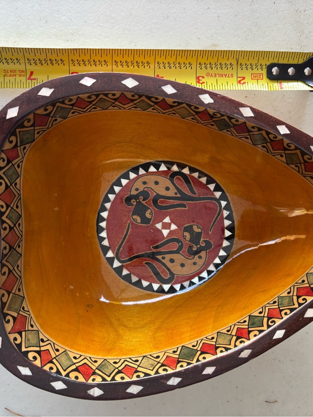 Hand Carved Wooden Bowl Mother of Pearl Inlay Animal Motif Tribal South Africa?